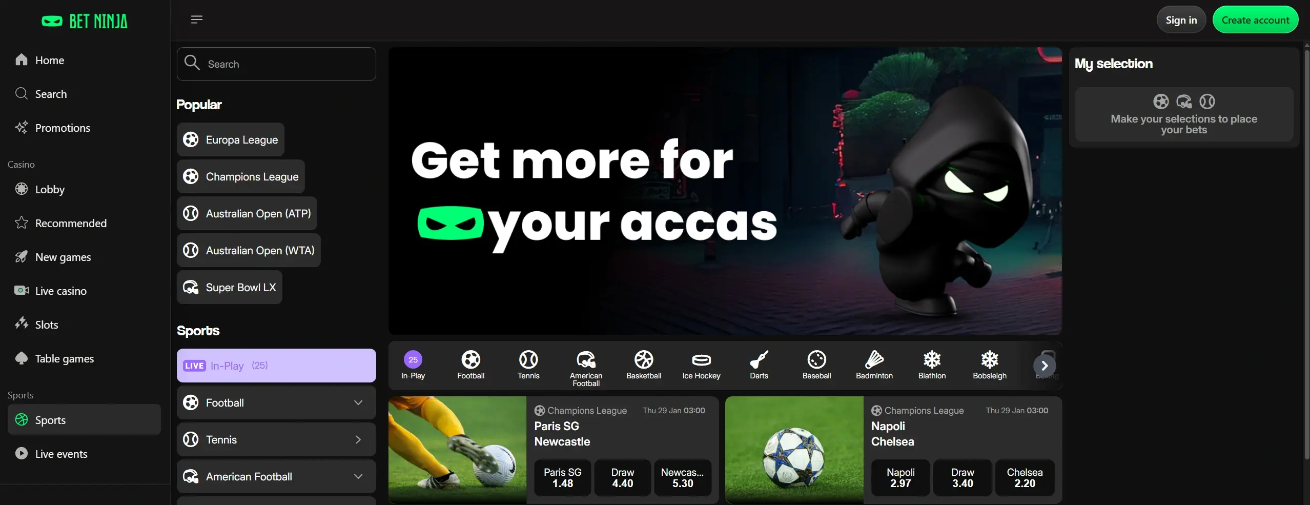 Bet Ninja sportsbook homepage featuring sports betting markets and navigation
